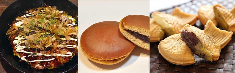 types of Japanese pancakes - okonomiyaki dorayaki taiyaki